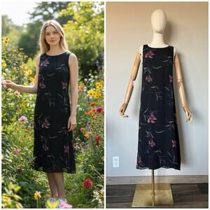Y2K VTG Robbie Bee Size 10P 100% Silk Floral Midi Slip Dress Black Lined
